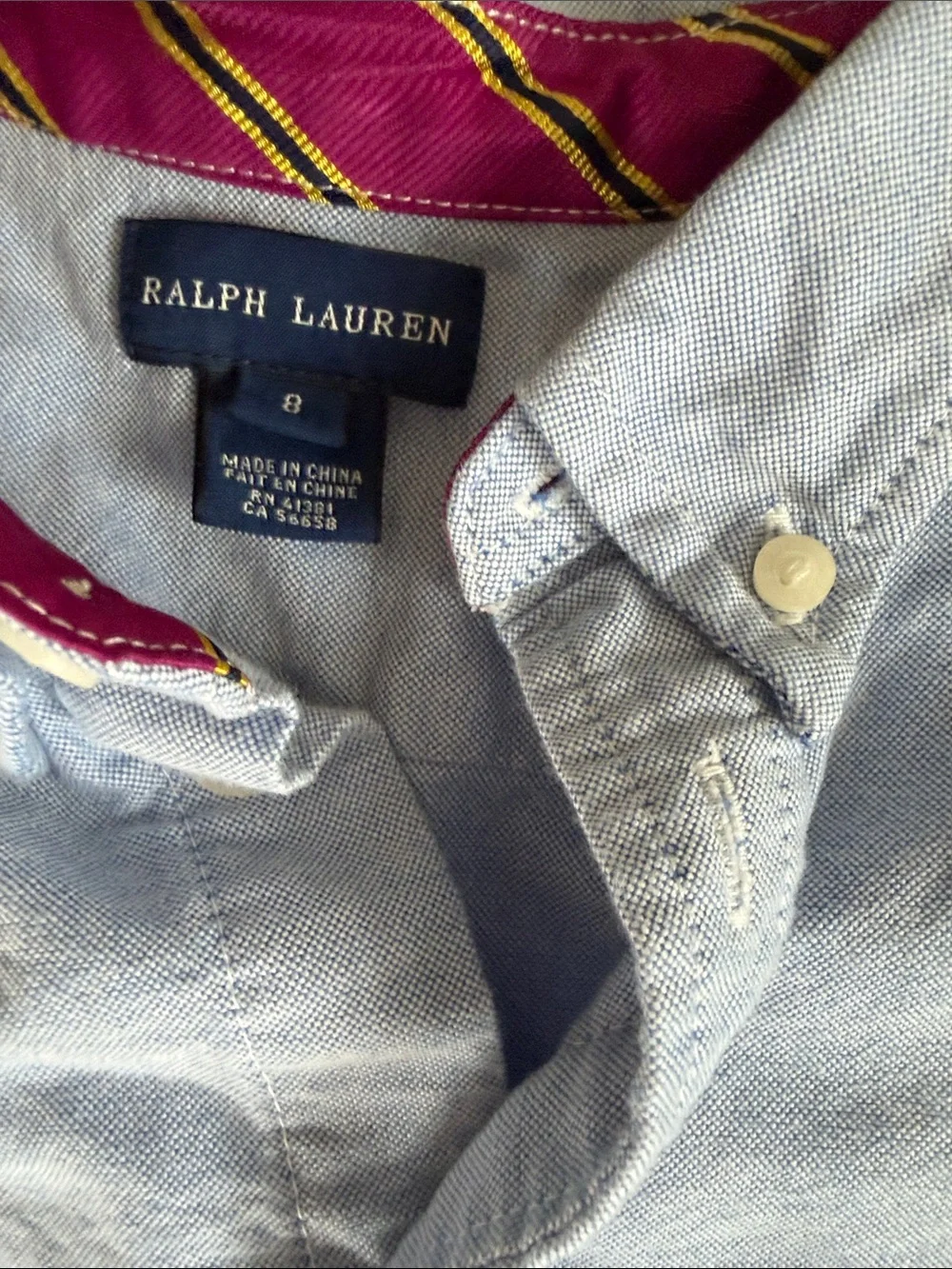 Girls Ralph Lauren Light Blue Short Sleeve Button-Down Oxford Shirt, size 8.